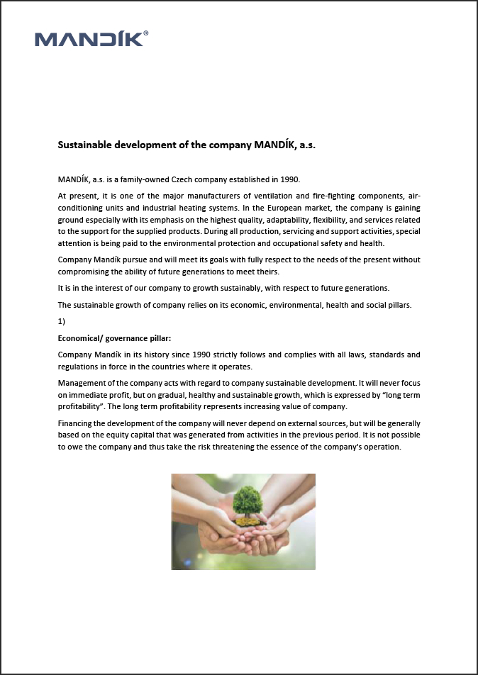 Sustainable development of the company MANDÍK, a.s.